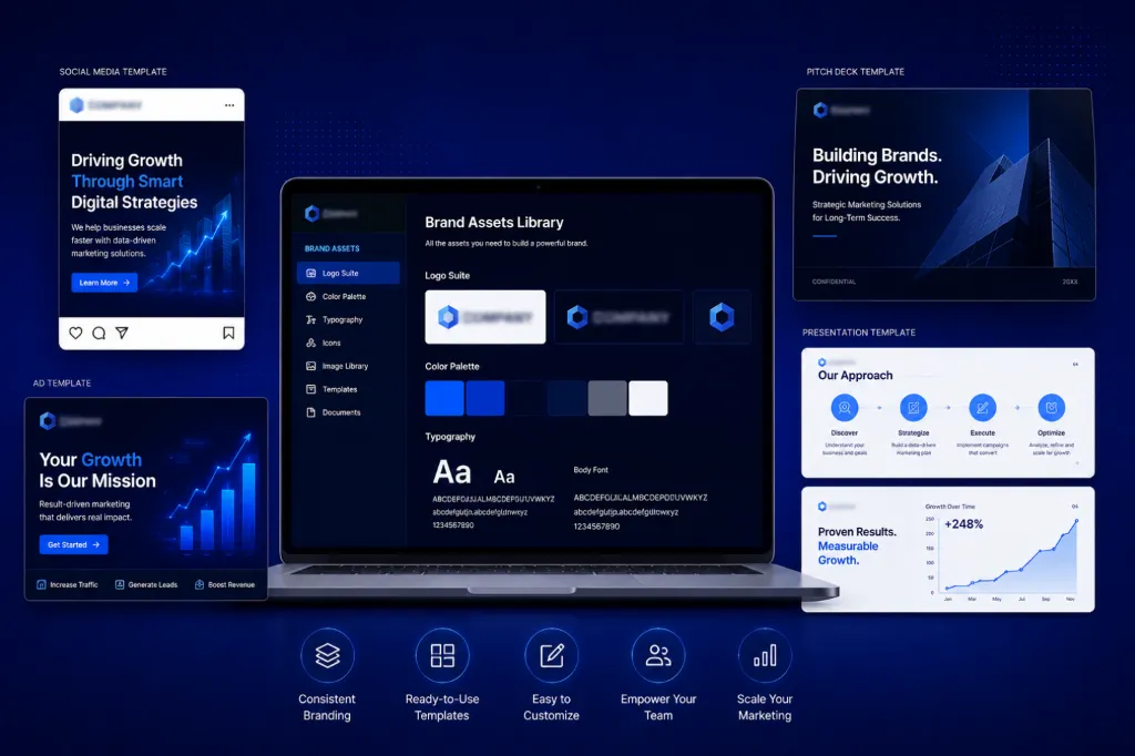 Comprehensive Brand Assets Library including typography, color palettes, and presentation templates