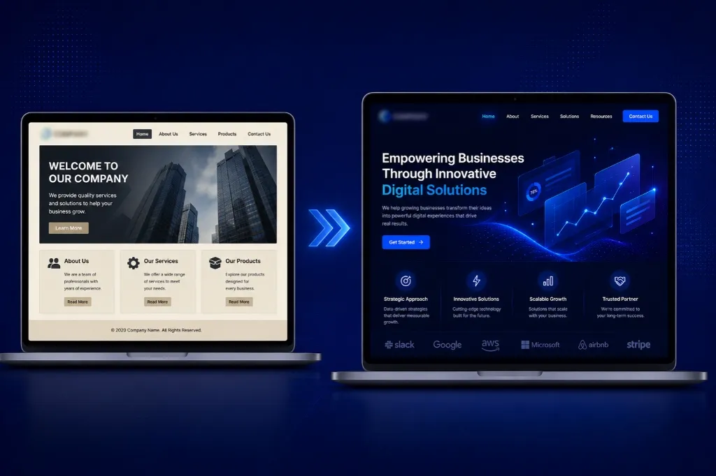 Website redesign transformation showing an outdated site updated to a modern high-authority digital brand