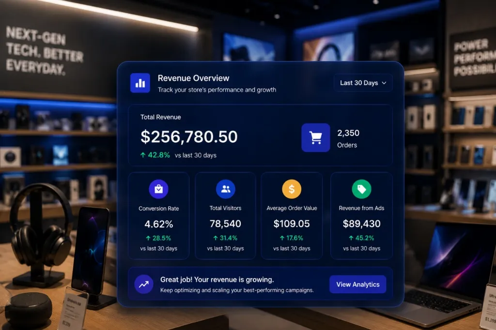 Dashboard showing increased electronics e-commerce store performance