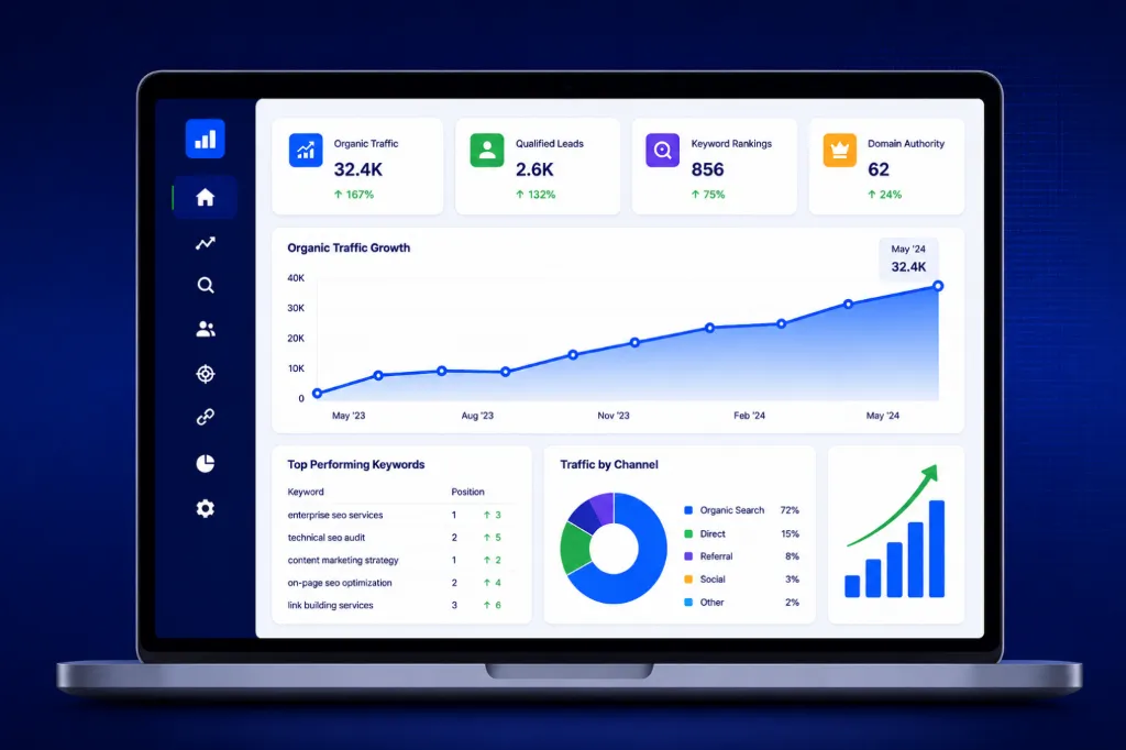 Advanced SEO Analytics Dashboard showing organic traffic growth